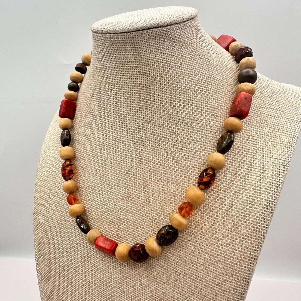Vintage Y2K‎ Eclectic Earthy Necklace Jasper Wood Amber Natural Beaded Jewelry